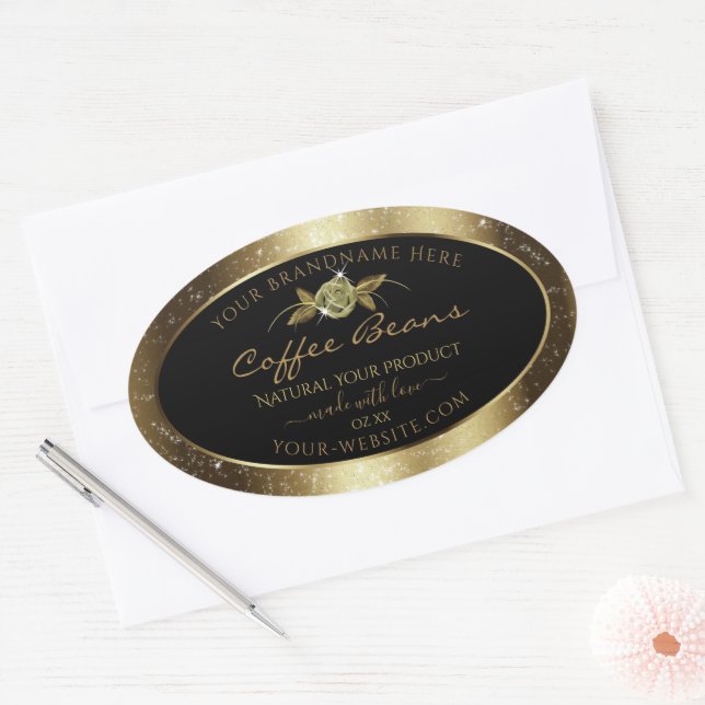 Luxury Golden Glitter Floral Black Product Labels (Envelope)