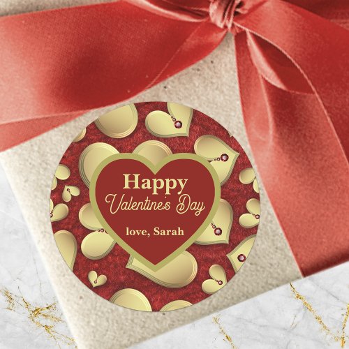 Luxury Golden Hearts with Red Gems Valentines Day Classic Round Sticker