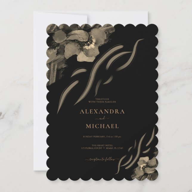 Luxury Golden Iris Flowers Black Wedding Invitation (Front)