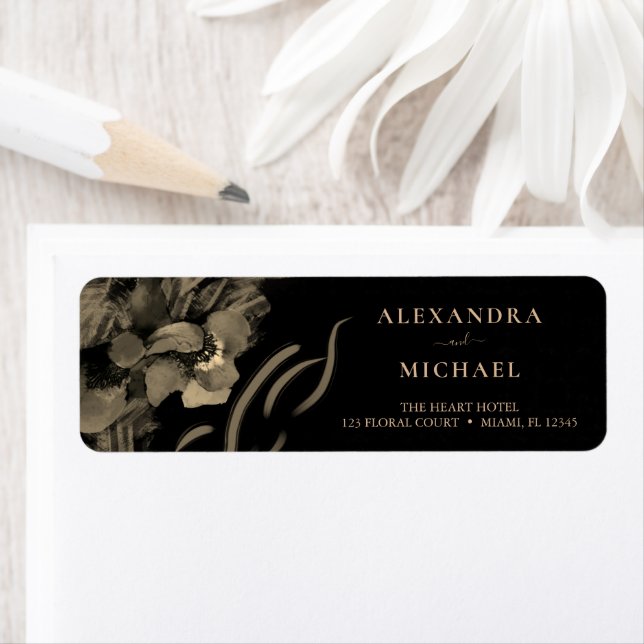 Luxury Golden Iris Flowers Black Wedding Label (Insitu)