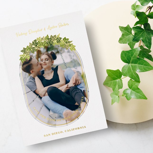 Luxury Golden Ivi Leaves Oval Frame Chic Photo Foil Invitation (Creator Uploaded)