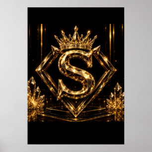 Luxury Golden Letter S Crown Diamond Monogram Poster