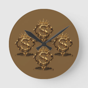Luxury Golden Letter S Crown Diamond Monogram Round Clock