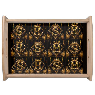 Luxury Golden Letter S Crown Diamond Monogram Serving Tray