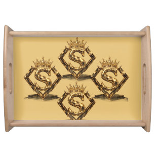 Luxury Golden Letter S Crown Diamond Monogram Serving Tray