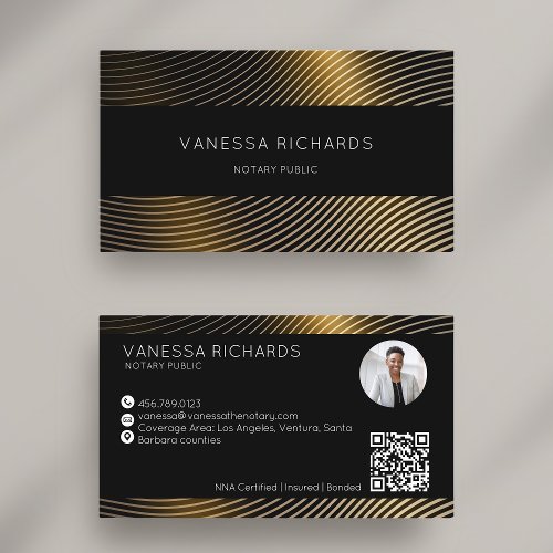 Luxury Golden Lines Waves QR Code Notary Photo  Business Card