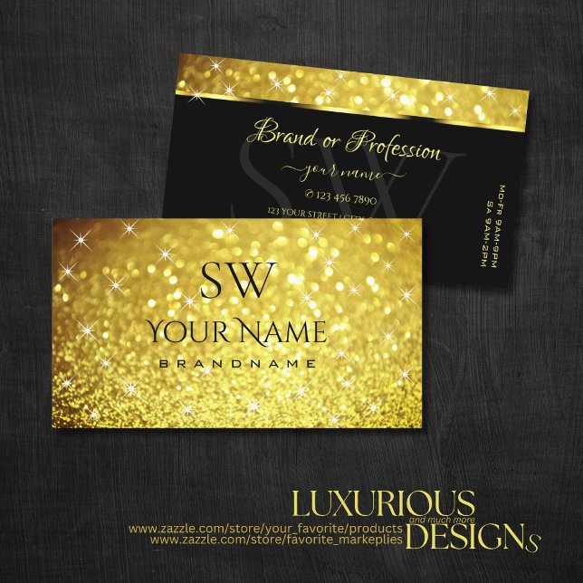 Luxury Golden Luminous Glitter Stars with Initials Business Card (Creator Uploaded)