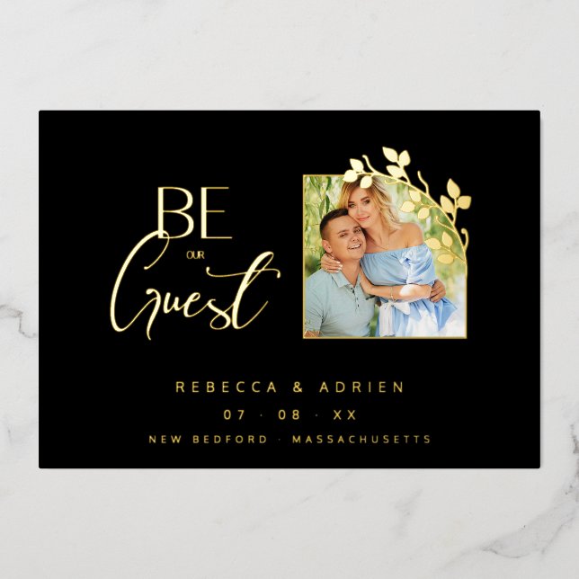 Luxury Golden Minimalist Branches Chic Photo Foil Invitation (Front)