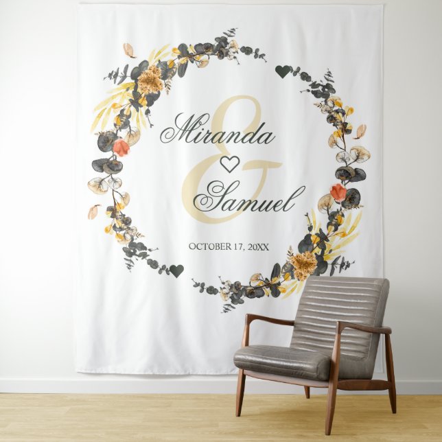 Luxury Golden Noir Wedding Monogram Tapestry (In Situ)