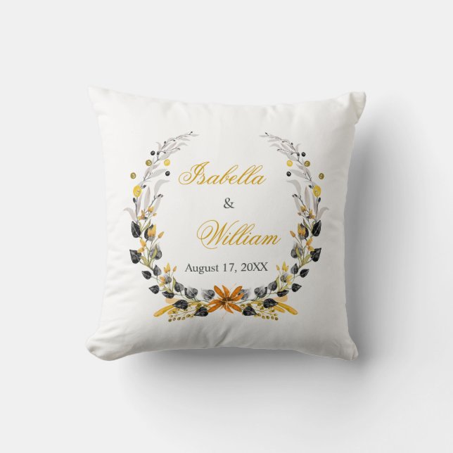 Luxury Golden Noir Wedding Monogram Throw Pillow (Front)