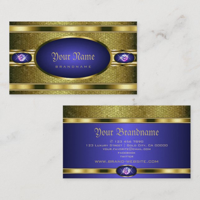 Luxury Golden Pattern Blue with Faux Rhinestones Business Card (Front/Back)