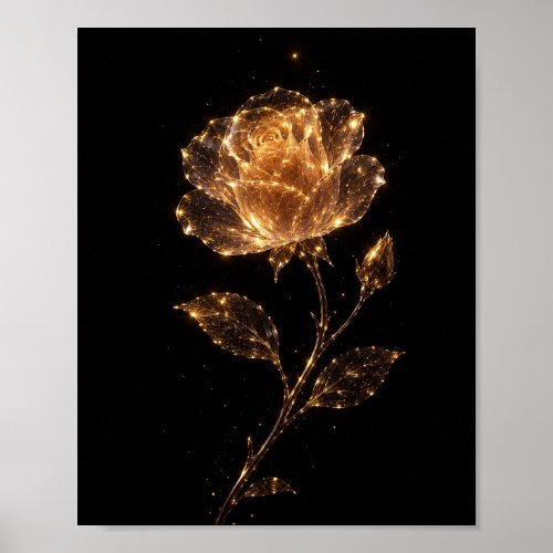 Luxury Golden Rose Glowing Sparkles Dark Art Print