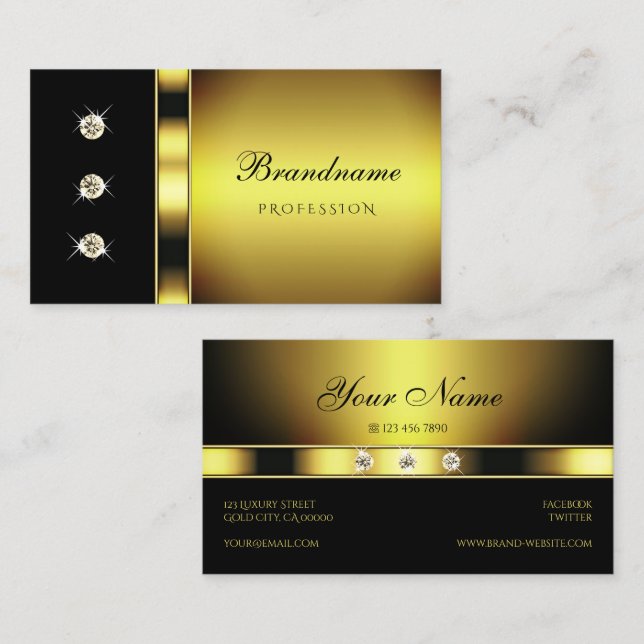 Luxury Golden with Back and Sparkling Diamonds Business Card (Front/Back)