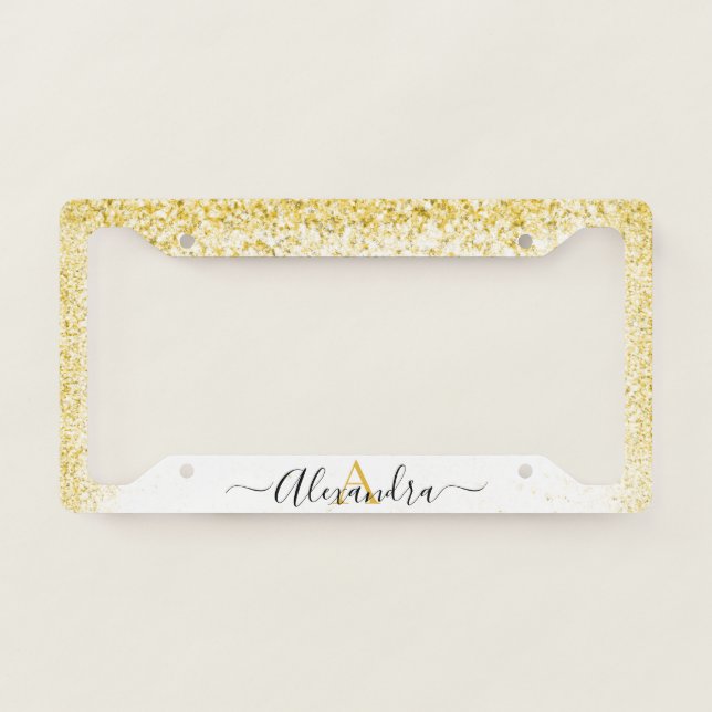 Luxury Goldn and white Glitter and Sparkle Monogra License Plate Frame (Front)