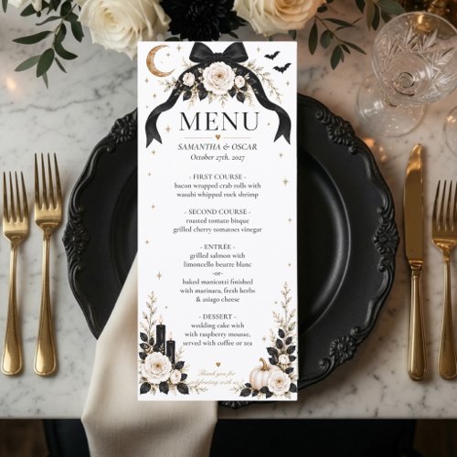 Luxury Gothic Black Bow Wedding Menu | Halloween