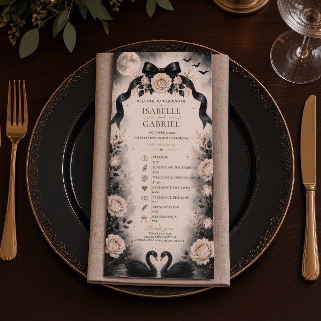 Luxury Gothic Black Bow Wedding Program | Moonlit  (Creator Uploaded)