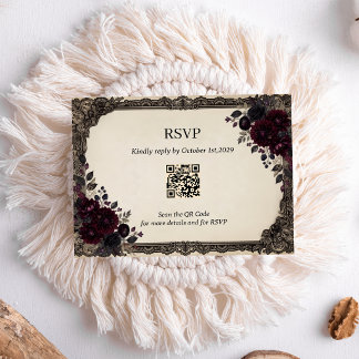 Luxury Gothic Roses Lace Victorian Wedding QR Code RSVP Card
