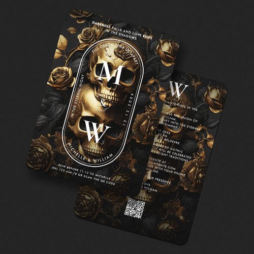 Luxury Gothic Wedding Black Gold Skull Roses  Invitation