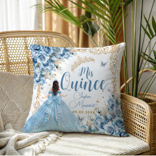 Luxury Gown Baby Blue Gold Mis Quince Princess Throw Pillow