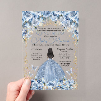 Luxury Gown Baby Blue Gold Princess Quinceanera Acrylic Invitations