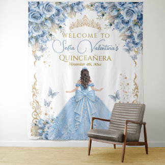 Luxury Gown Baby Blue Gold Quinceanera Welcome Tapestry