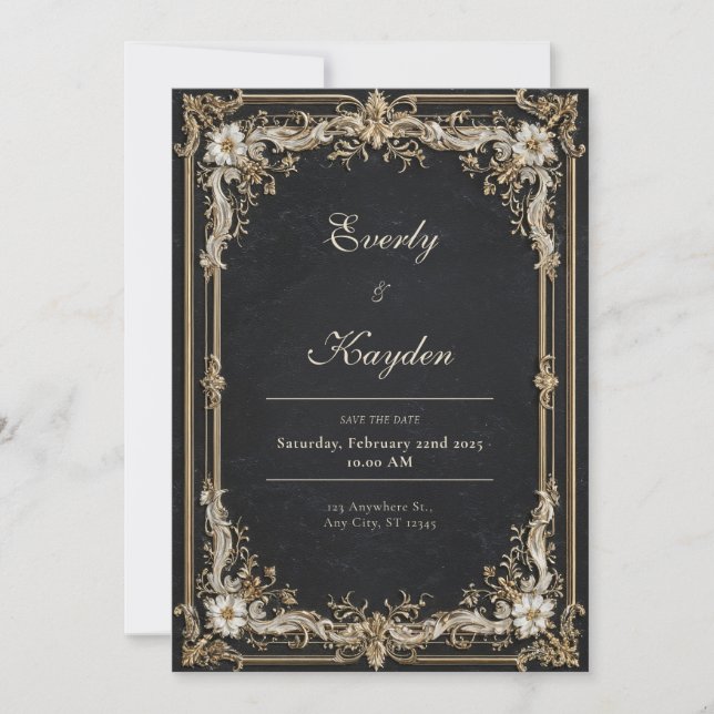 Luxury Grand Gold Baroque Frame Black Tie Wedding Invitation (Front)