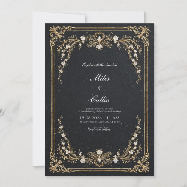 Luxury Grand Gold Floral Frame Black Tie Wedding Invitation (Front)