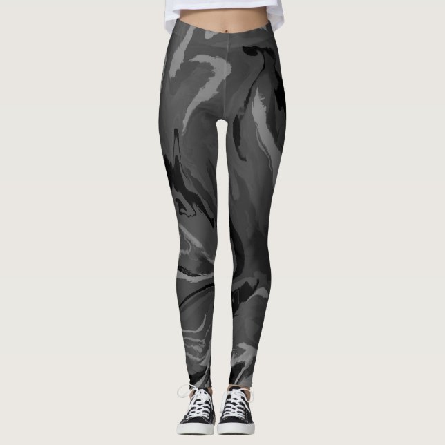 Luxury Gray Black Watercolor Abstract Magic Leggings (Front)