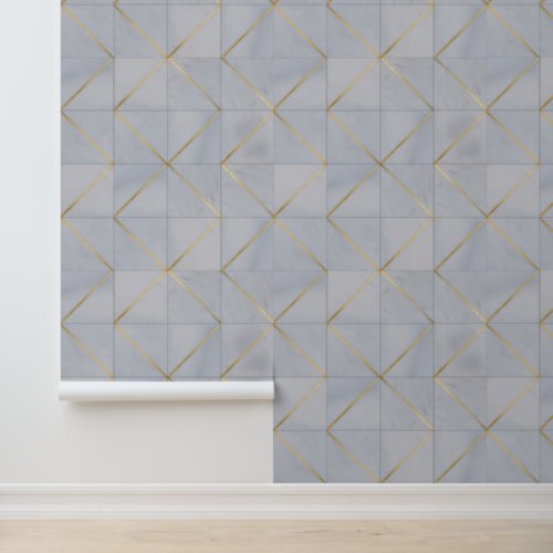  Luxury Gray Marble Geometric Gold Tile Pattern Wallpaper