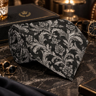 Luxury Gray-on-Black Damask Seamless Pattern Neck Tie