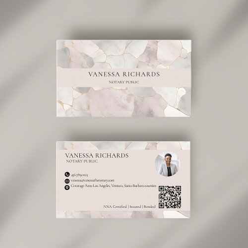 Luxury Gray  Pink Marble QR Code Notary Photo  Business Card