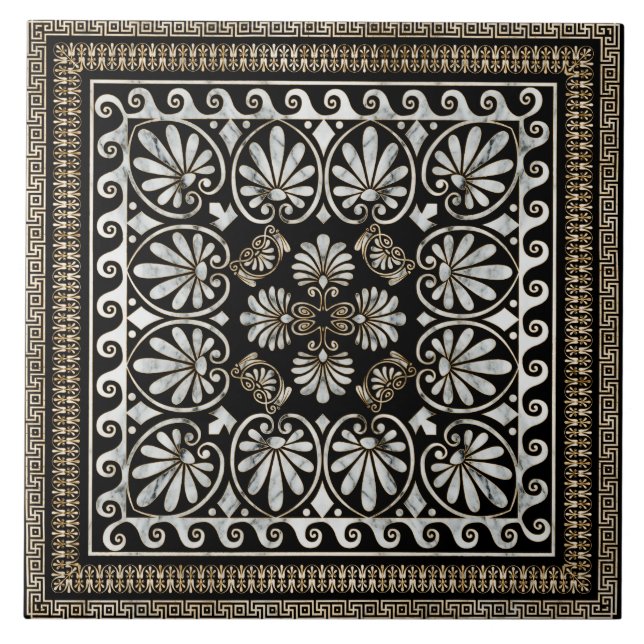 Luxury Greek Ornament Black and White Marble Ceramic Tile (Front)