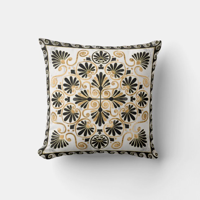 Luxury Greek Ornament Black and White Marble Throw Pillow (Front)