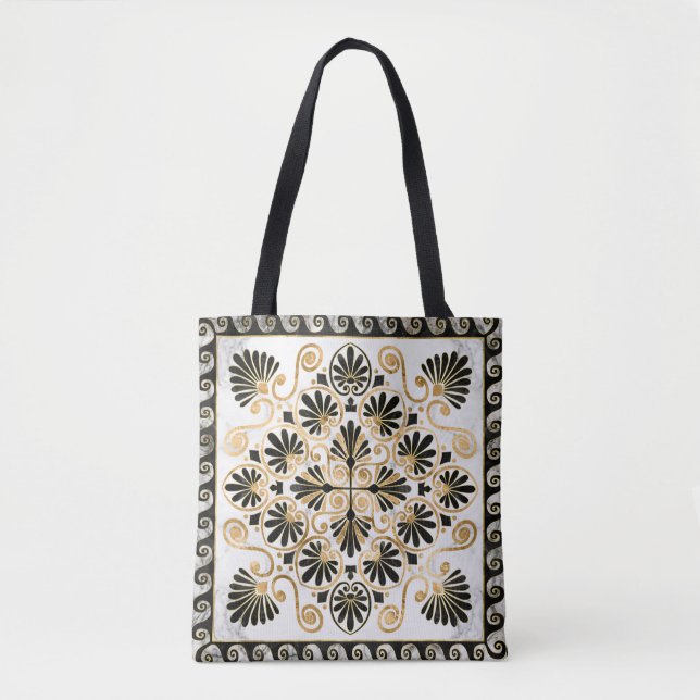 Luxury Greek Ornament Black and White Marble Tote Bag (Front)