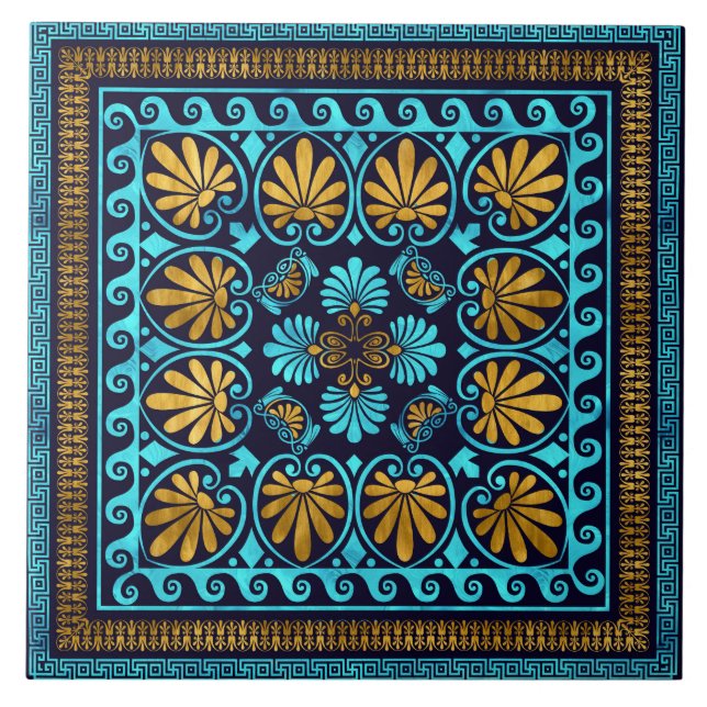 Luxury Greek Ornament Blue glass and Gold Ceramic Tile (Front)