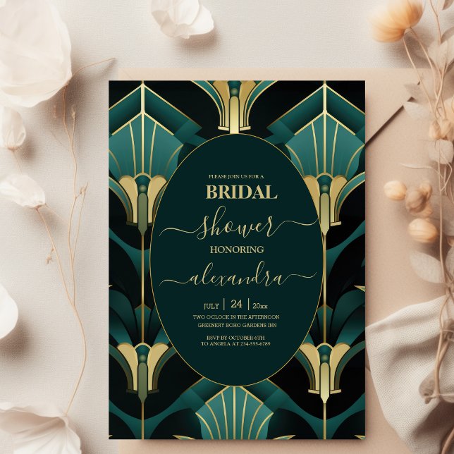 Luxury Green and Gold Art Deco Bridal Shower  Invitation (Creator Uploaded)