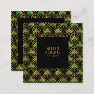 Luxury green and gold Art Deco Pattern Square Business Card