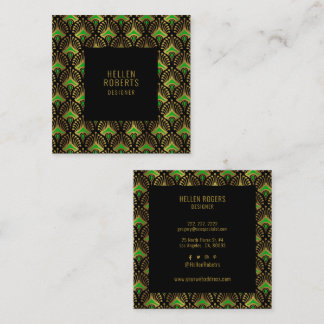 Luxury green and gold Art Deco Pattern Square Business Card