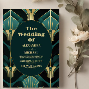 Luxury Green and Gold Art Deco Wedding Invitation