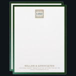Luxury Green and Gold Letterhead with Custom Logo<br><div class="desc">Elevate your business correspondence with this personalized letterhead featuring a customizable logo image at the top. The design features your company name, address, and contact information in classic gold typography on a white background, all framed in a sleek green leather trim. This letterhead is perfect for businesses that want to...</div>