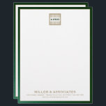 Luxury Green and Gold Letterhead with Custom Logo<br><div class="desc">Elevate your business correspondence with this personalized letterhead featuring a customizable logo image at the top. The design features your company name, address, and contact information in classic gold typography on a white background, all framed in a sleek green leather trim. This letterhead is perfect for businesses that want to...</div>