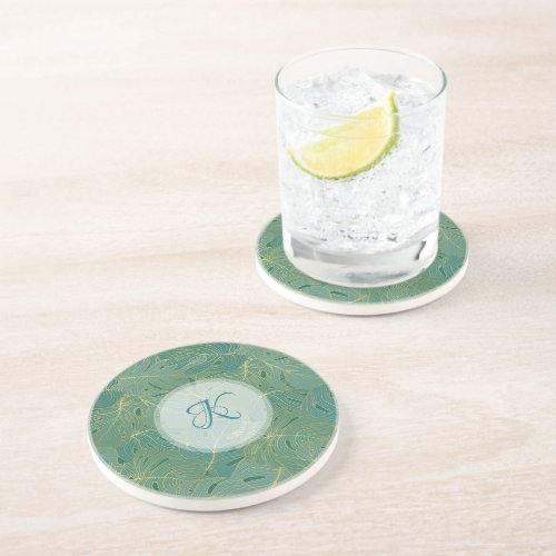 Luxury green and gold palm leaves pattern coaster