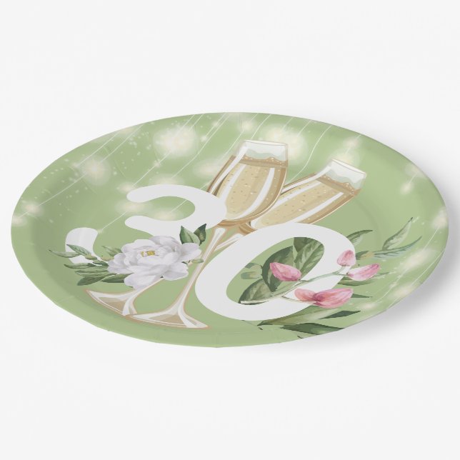 Luxury Green Champagne Floral 30th Birthday Paper Plates (Angled)