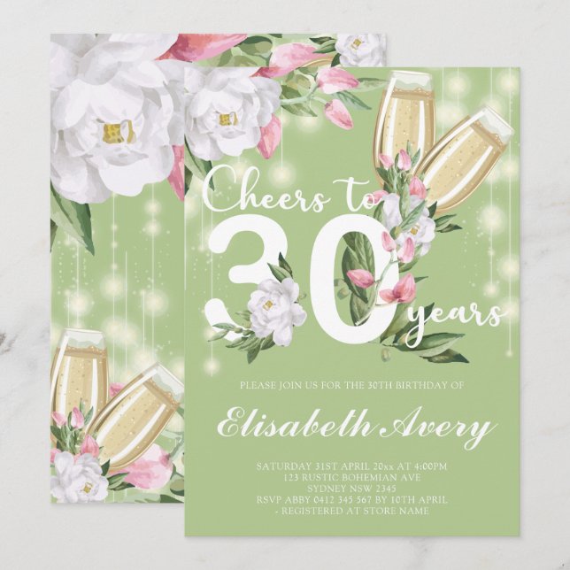 Luxury Green Champagne Floral 30th Birthday Party Invitation (Front/Back)