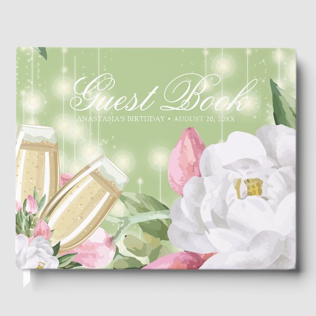 Luxury Green Champagne Floral Birthday Guest Book (Front)