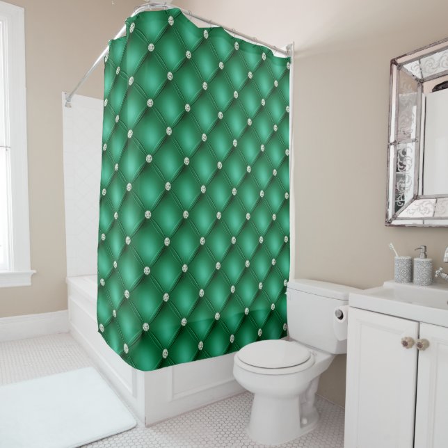 Luxury Green Diamond Tufted Pattern Shower Curtain (In Situ)