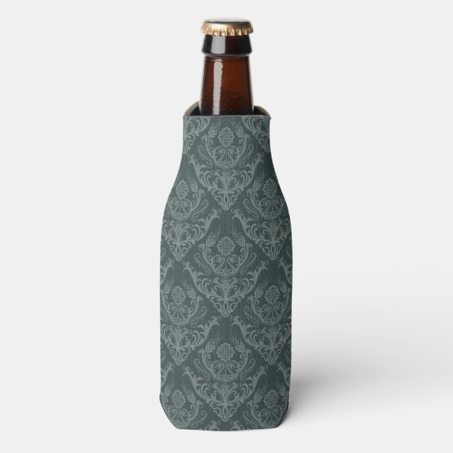 Luxury green floral damask wallpaper bottle cooler (Bottle Front)
