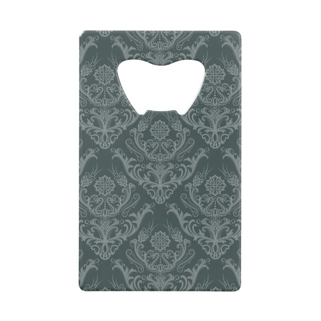Luxury green floral damask wallpaper credit card bottle opener (Front)
