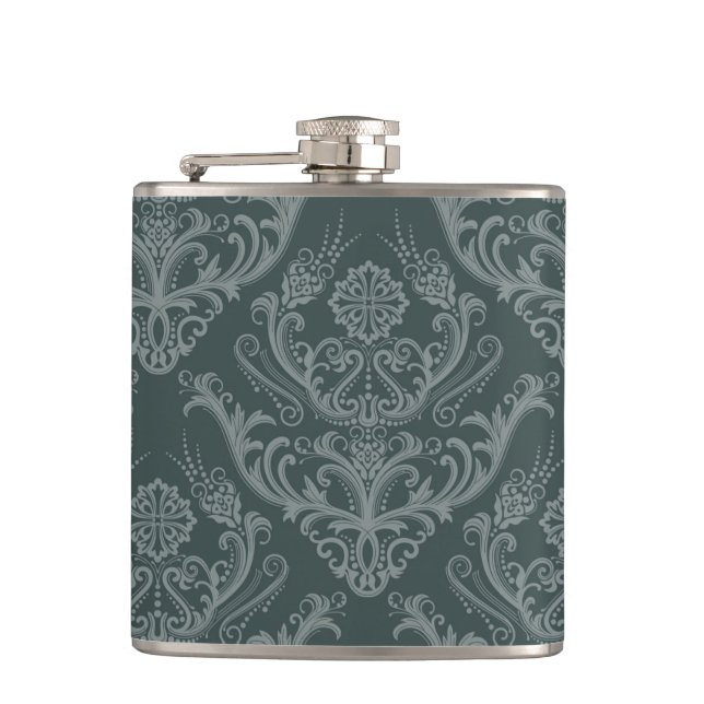 Luxury green floral damask wallpaper flask (Front)