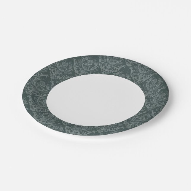 Luxury green floral damask wallpaper paper plates (Angled)
